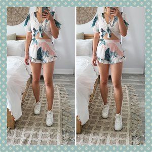 SHEIN Two Piece Palm Leaf Print Crop Top and Shorts